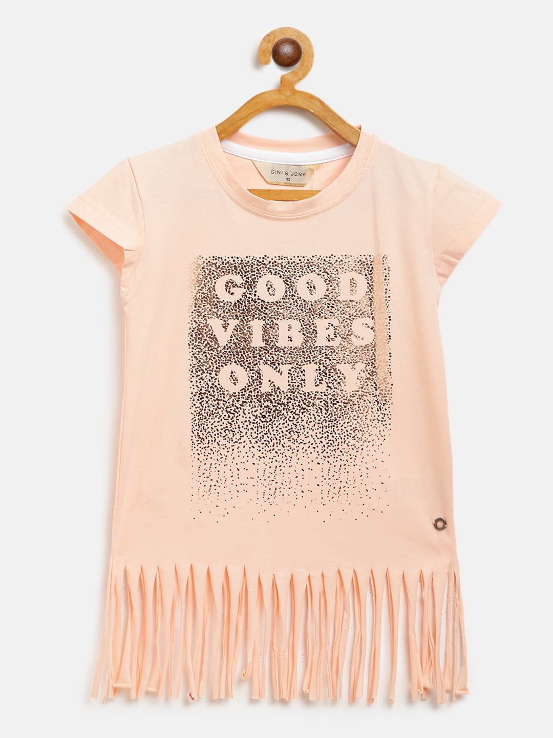 

Gini and Jony Girls Peach-Coloured & Rose Gold-Toned Printed Fringed Top
