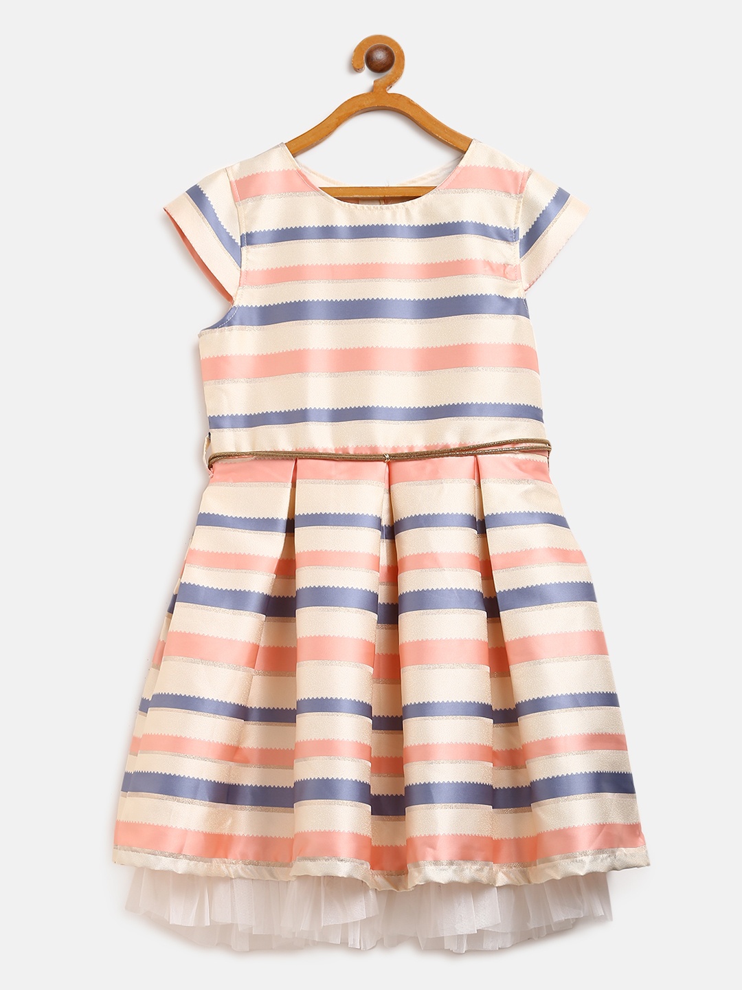 

Gini and Jony Girls Cream-Coloured & Peach-Coloured Striped Fit and Flare Dress with Belt