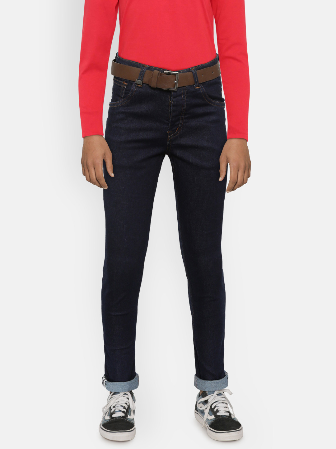 

Gini and Jony Boys Navy Blue Slim Fit Mid-Rise Clean Look Stretchable Jeans with Belt