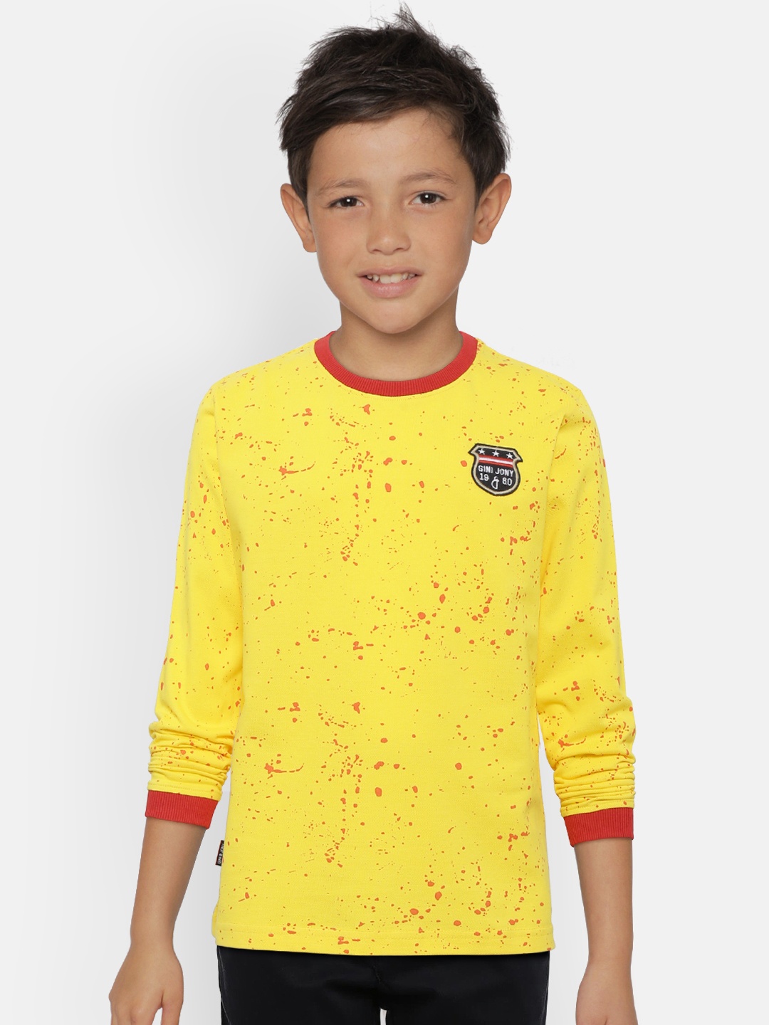

Gini and Jony Boys Yellow Red Printed Round Neck Pure Cotton T-shirt