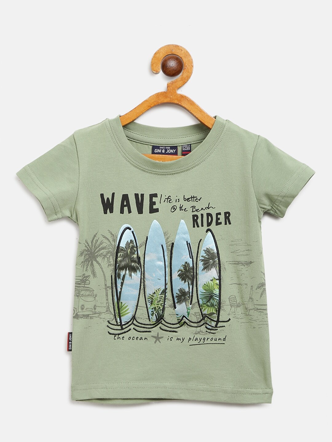 

Gini and Jony Boys Olive Green Printed Round Neck T-shirt