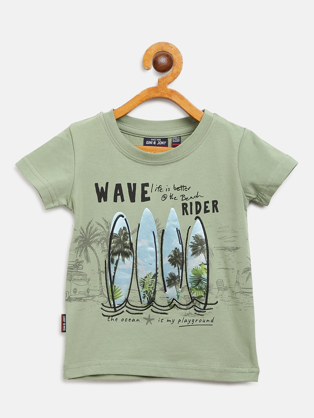 

Gini and Jony Boys Olive Green Printed Round Neck T-shirt
