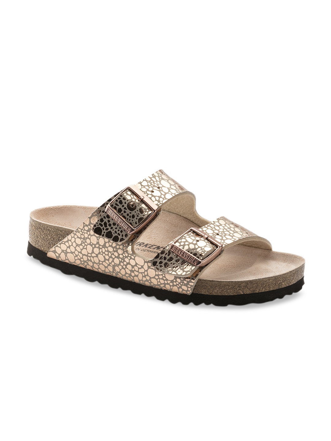 

Birkenstock Women Champagne Printed Arizona Birko-Flor Open Toe Narrow Width Flats