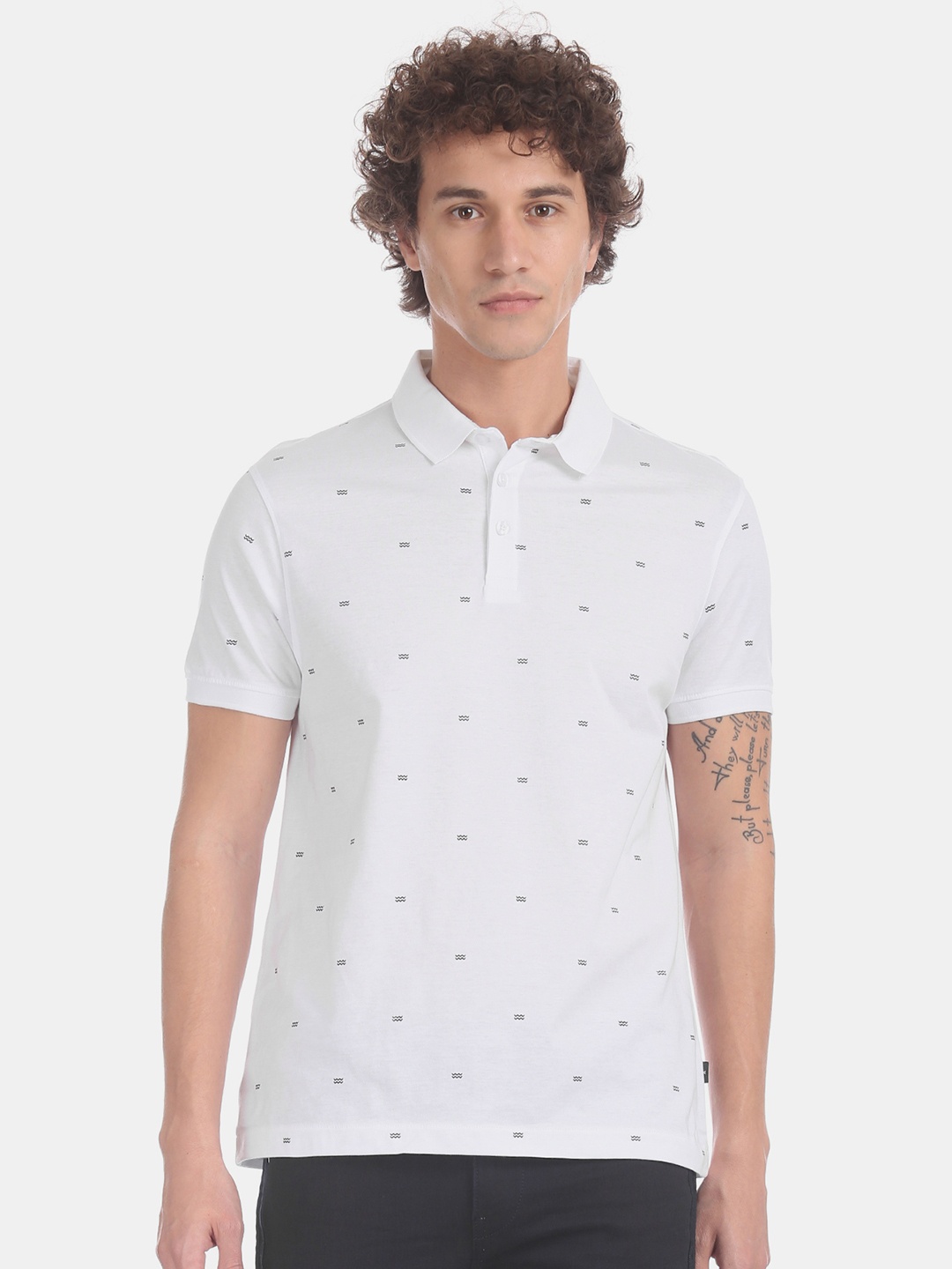 

Flying Machine Men White Printed Polo Collar Pure Cotton T-shirt