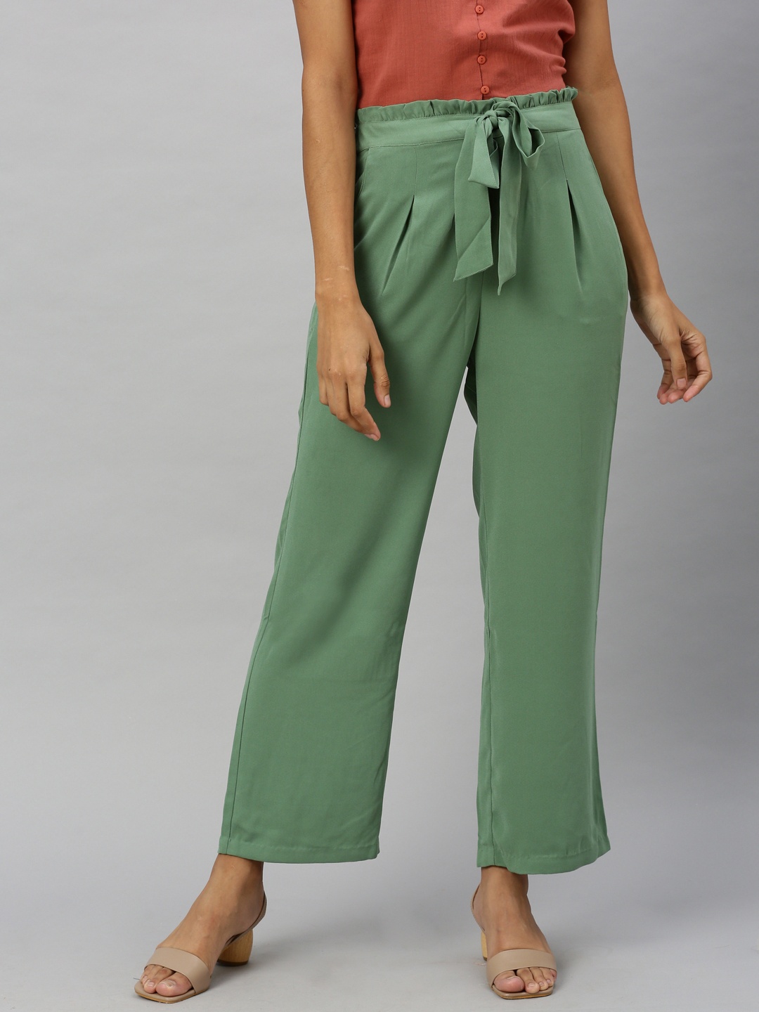 

Vero Moda Women Olive Green Regular Fit Solid Parallel Trousers