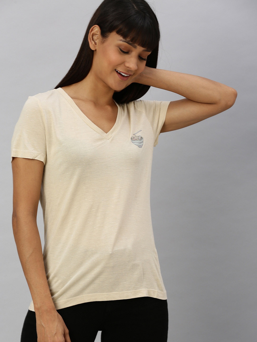 

Vero Moda Women Beige Solid V-Neck T-shirt