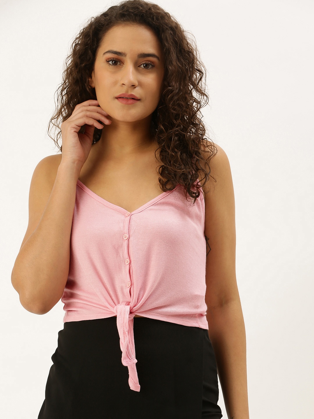 

FOREVER 21 Women Pink Solid Top with Front Knot