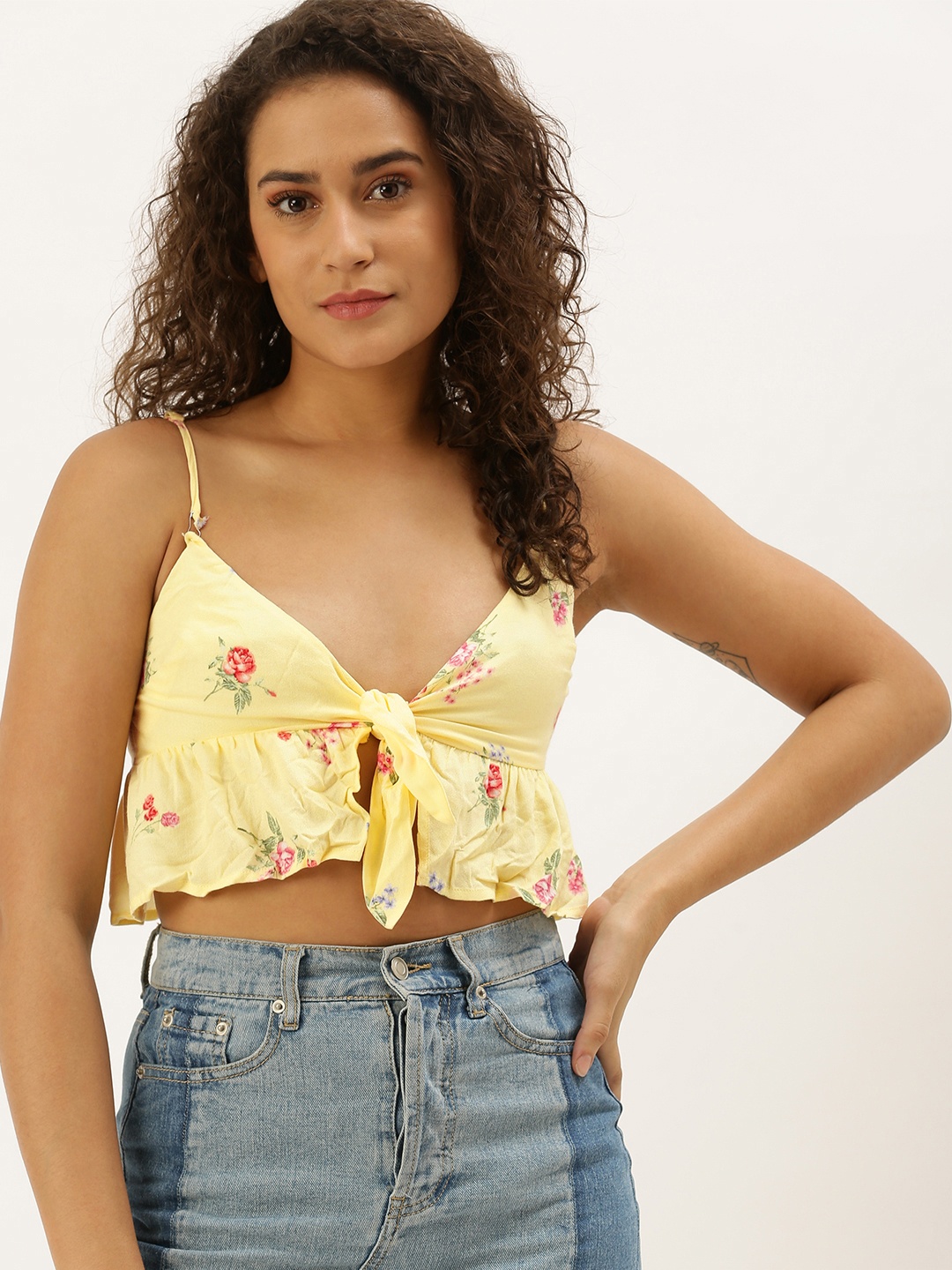 

FOREVER 21 Women Yellow & Red Floral Printed Bralette Top with Ruffles & Tie-Ups