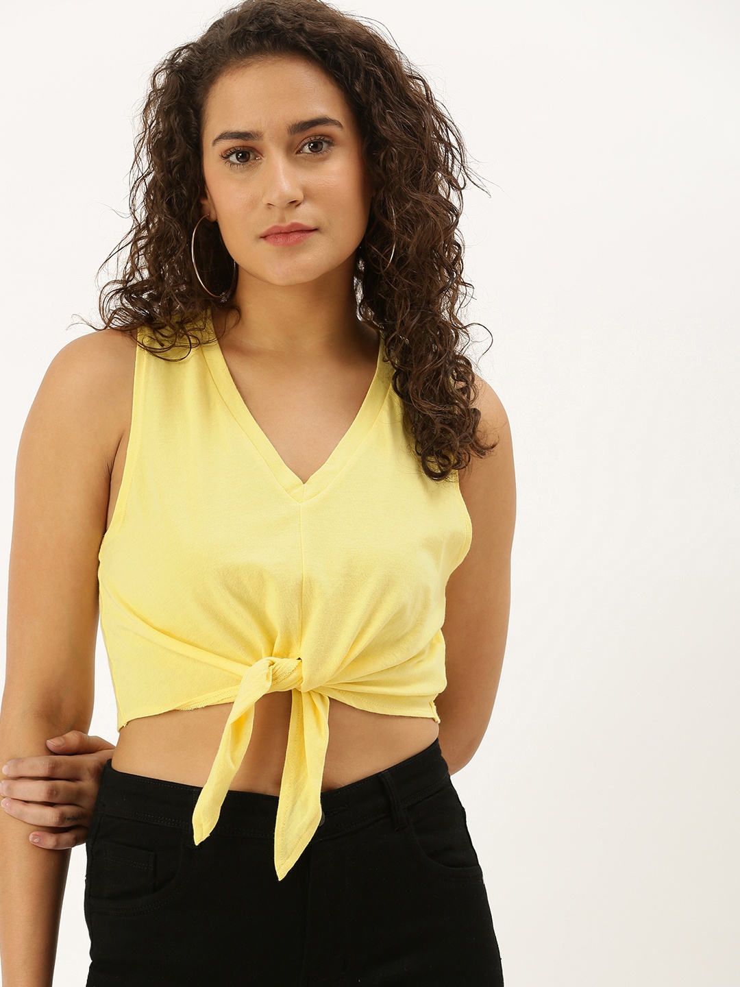 

FOREVER 21 Women Yellow Solid Knitted Cropped Front Knot Pure Cotton Top