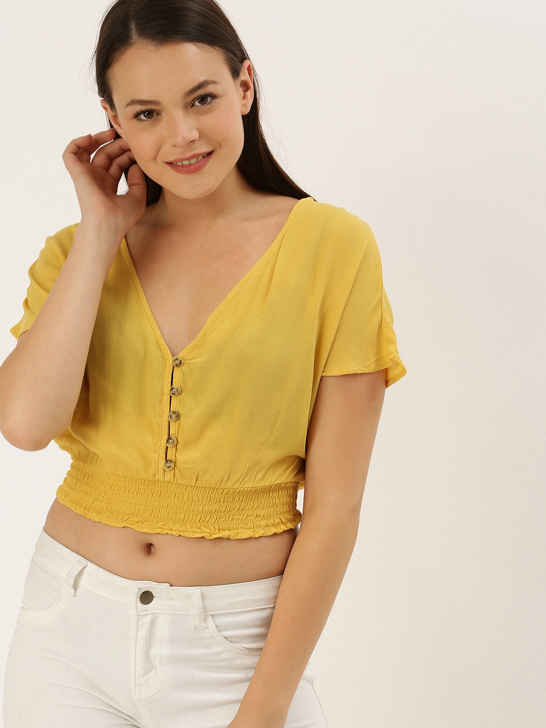 

FOREVER 21 Women Mustard Yellow Solid Cinched Waist Crop Top