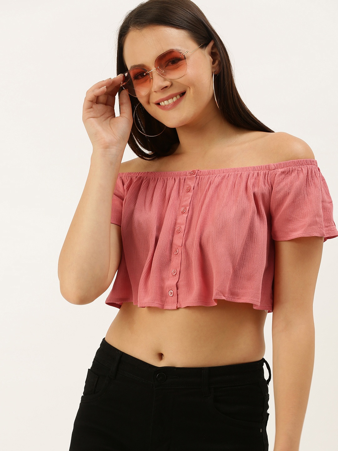 

FOREVER 21 Women Pink Solid Off-Shoulder Bardot Cropped Top
