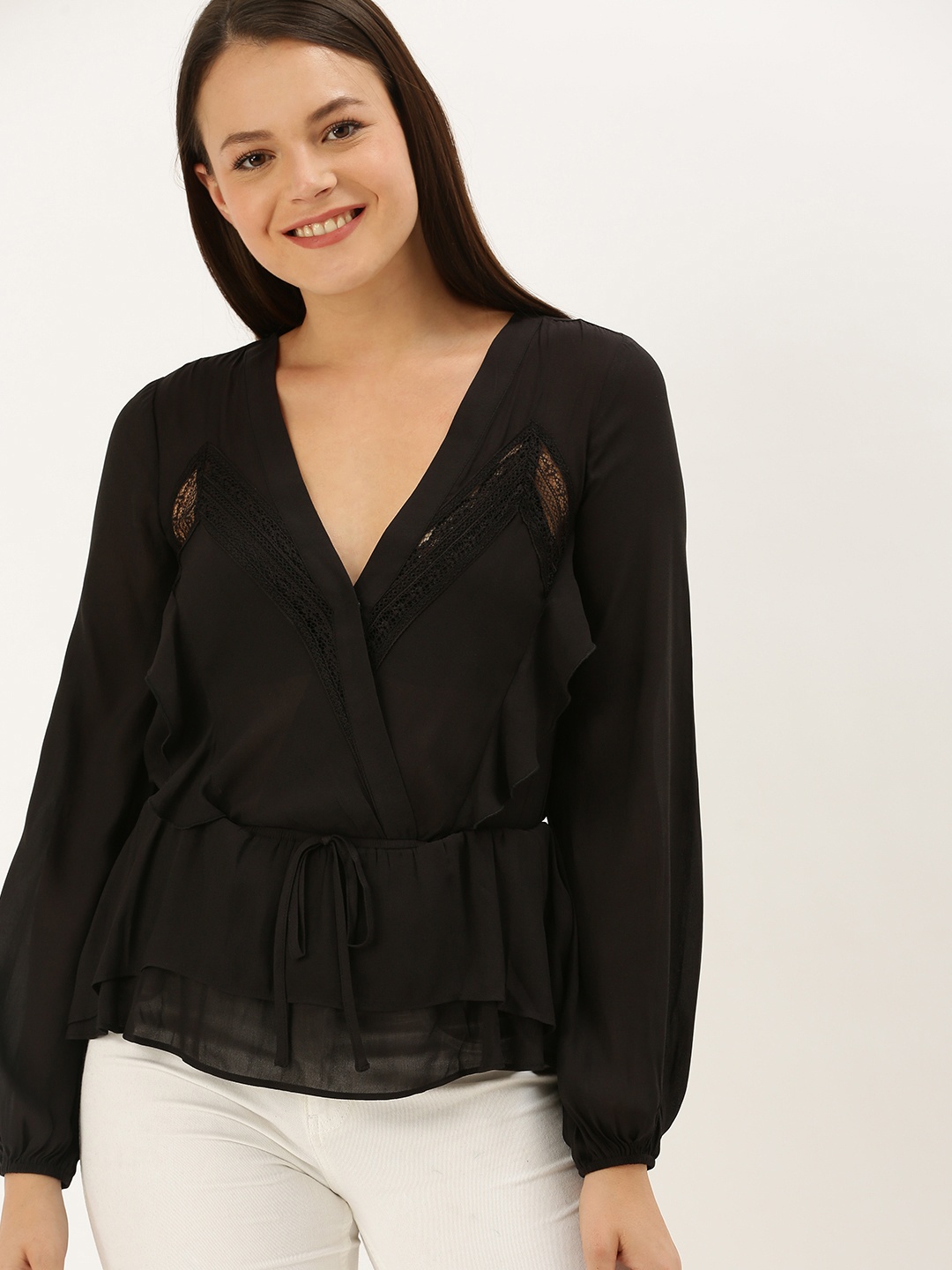 

FOREVER 21 Women Black Solid Sheer Ruffled Wrap Top With Lace Inserts