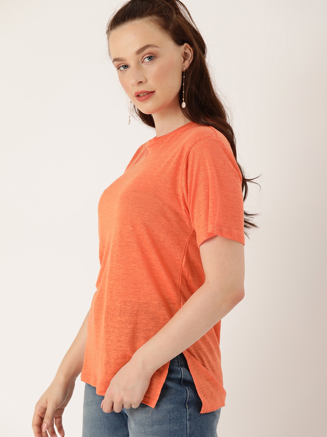 

FOREVER 21 Women Orange Solid Linen Top with Side Slits