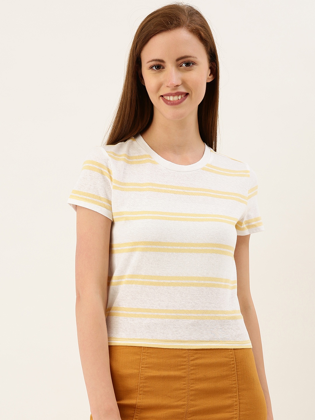 

FOREVER 21 Women White & Yellow Striped Round Neck T-shirt