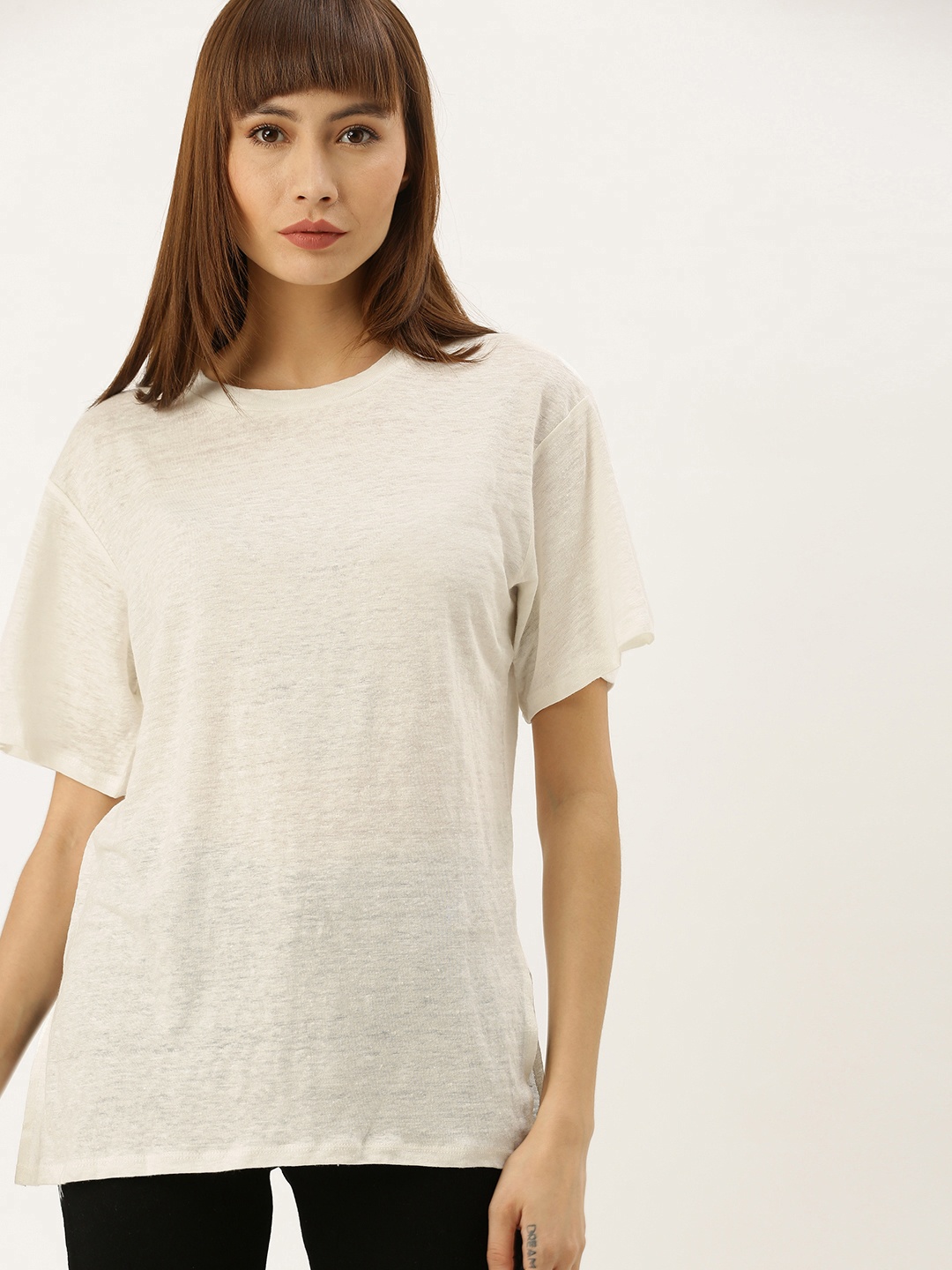 

FOREVER 21 Women Off-White Solid Linen Longline Top