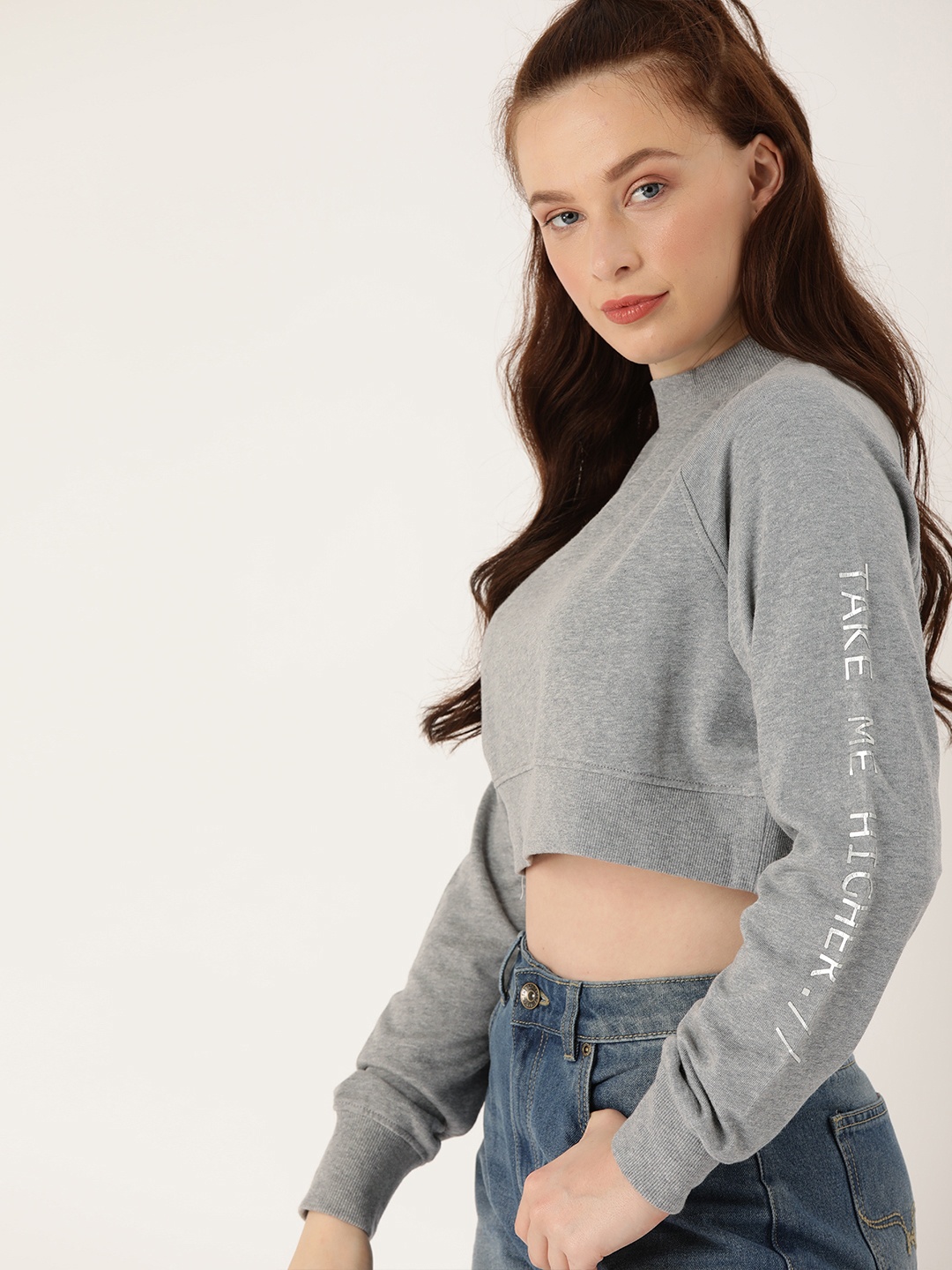 

FOREVER 21 Women Grey Melange Solid Crop Pure Cotton Top