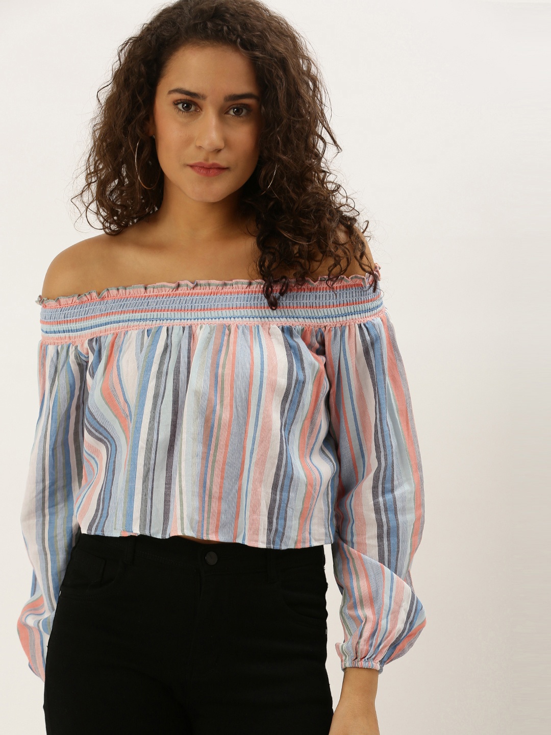 

FOREVER 21 Women White & Blue Striped Bardot Top