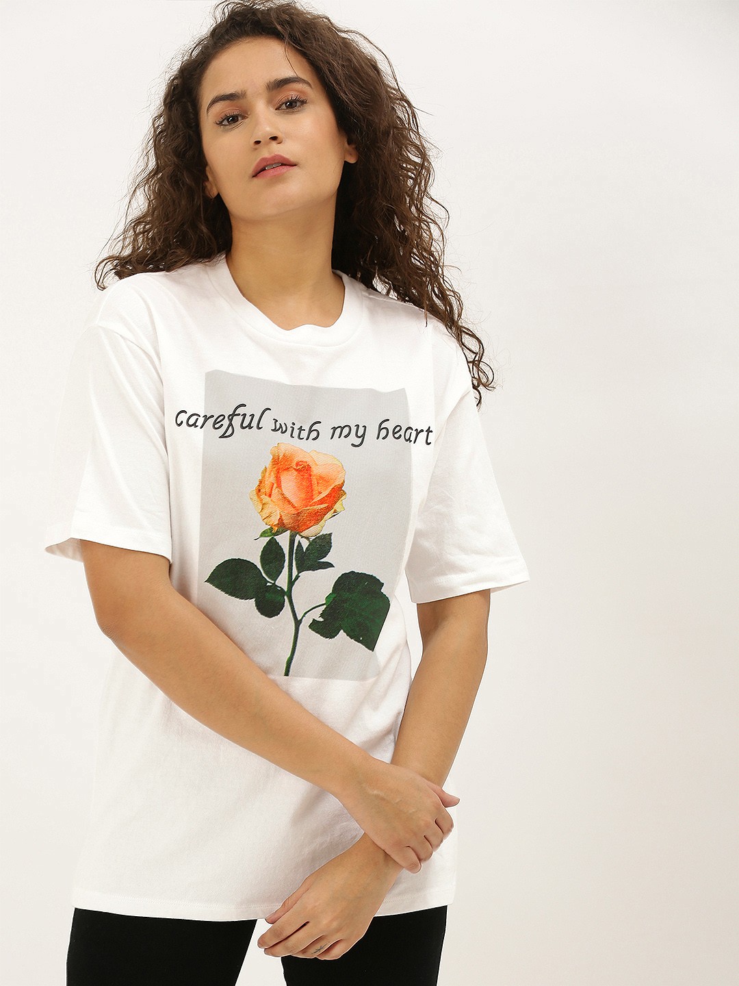 

FOREVER 21 Women White Printed Round Neck Longline Pure Cotton T-shirt