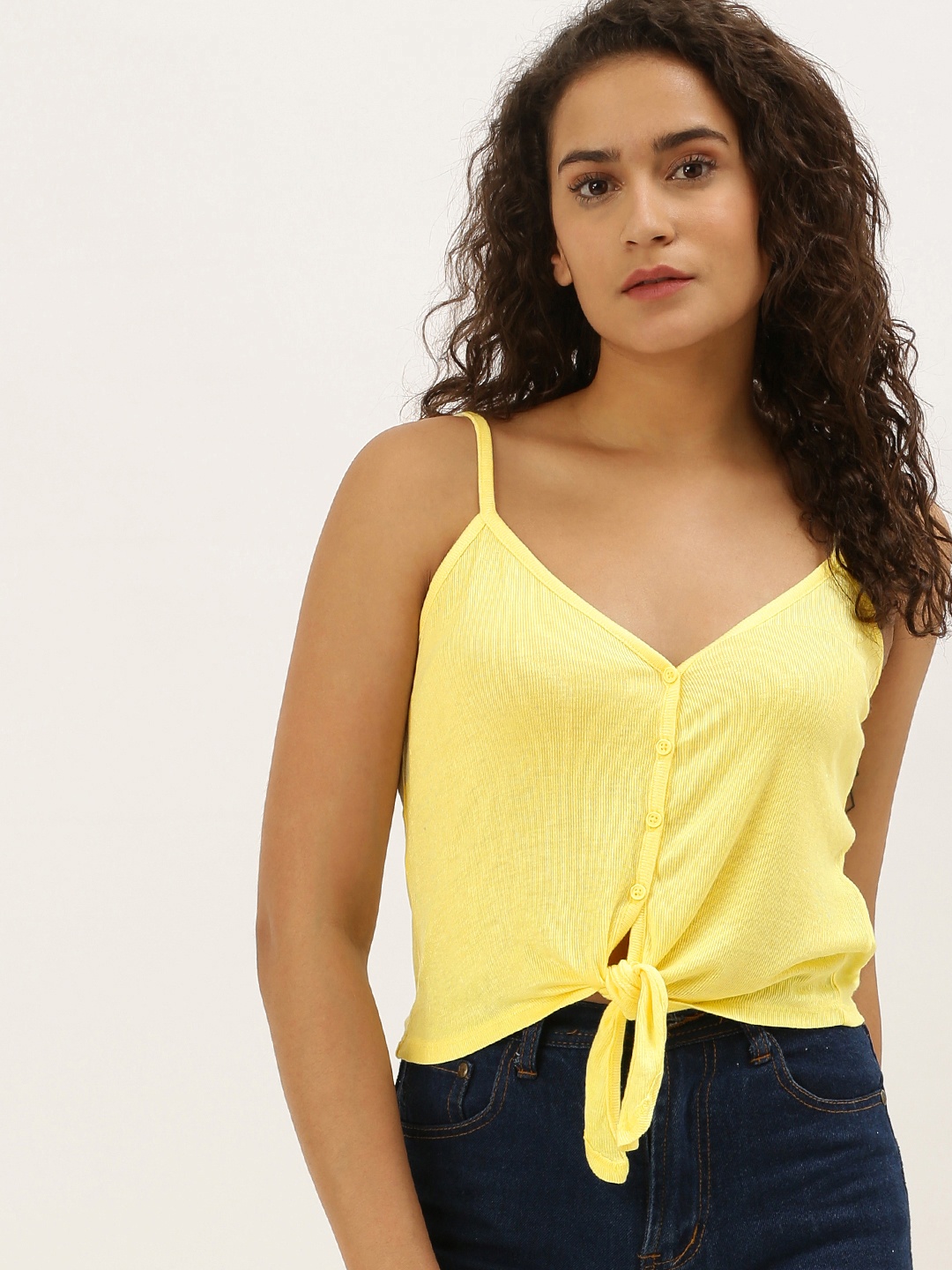 

FOREVER 21 Women Yellow Solid Top with Tie-Ups