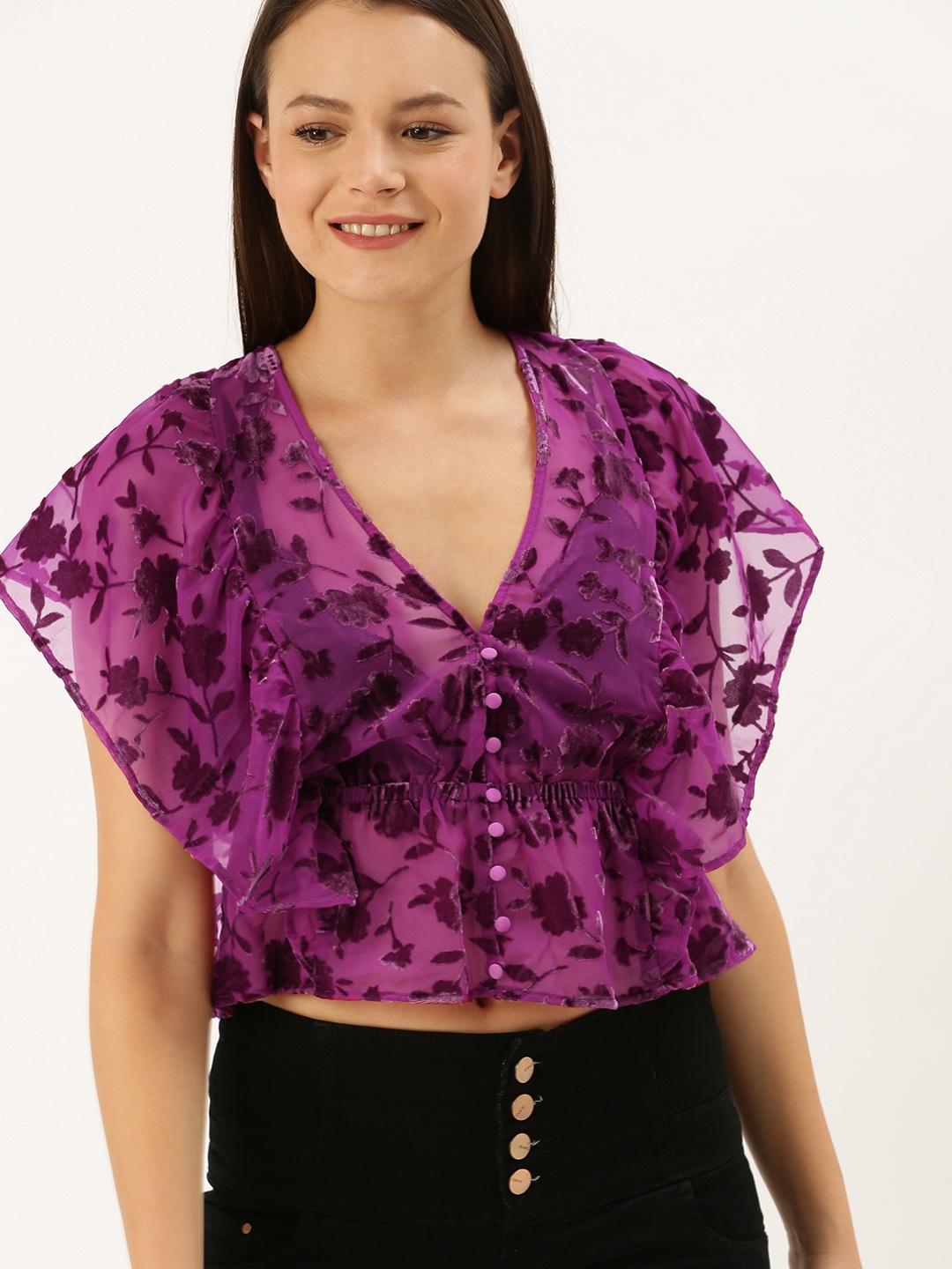 

FOREVER 21 Women Purple Velvet Printed Crop Top