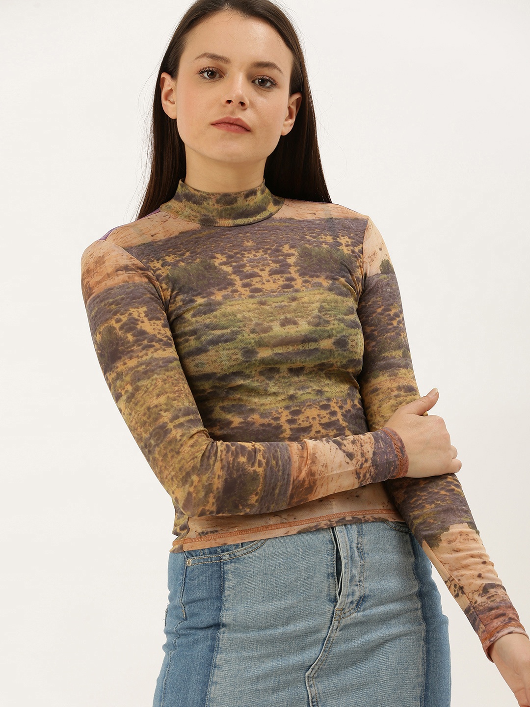 

FOREVER 21 Women Olive Green & Orange Printed Knitted Top With High Neck