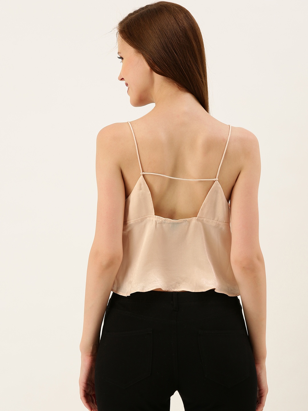 

FOREVER 21 Women Peach-Coloured Solid Styled Back Satin Top