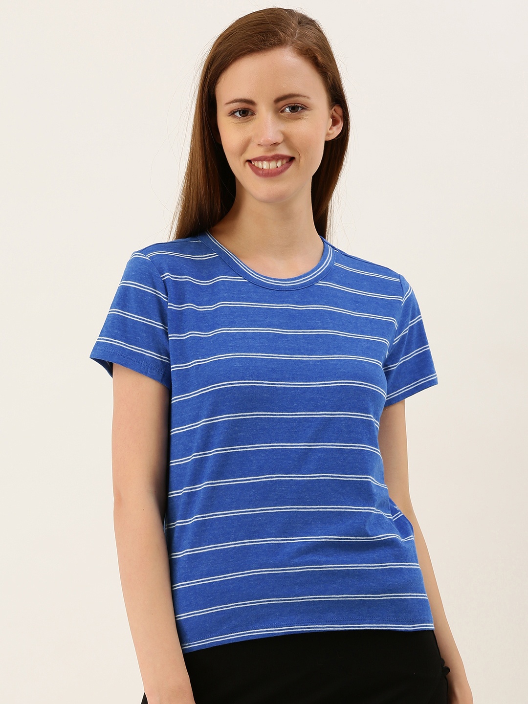 

FOREVER 21 Women Blue & White Striped Round Neck T-shirt