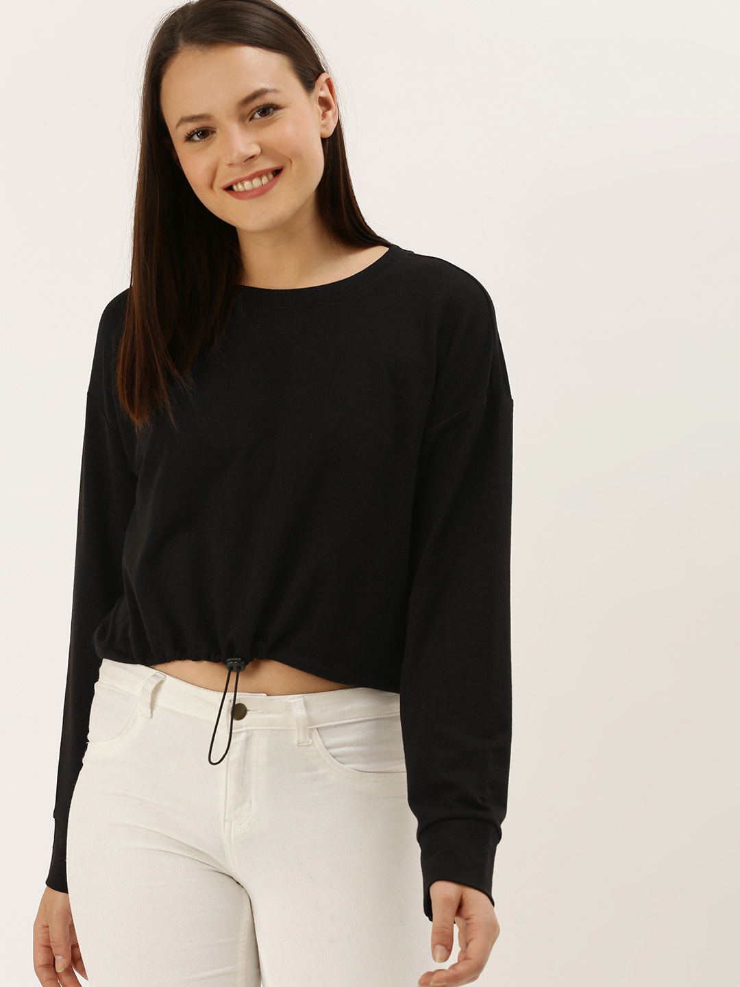 

FOREVER 21 Women Black Solid Cinched Waist Crop Top