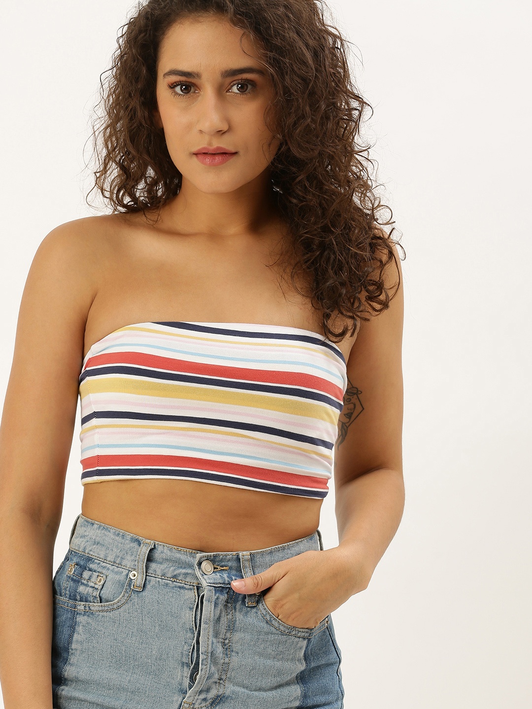 

FOREVER 21 Women Multicoloured Striped Tube Crop Top, Multi