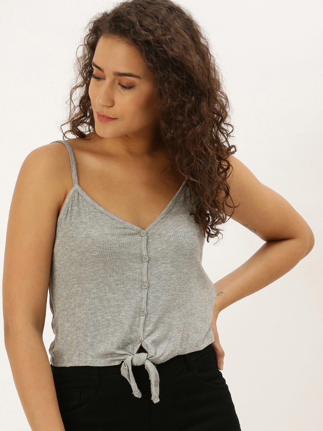 

FOREVER 21 Women Grey Solid Top with Tie-Ups