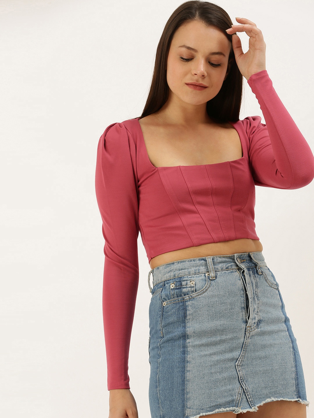 

FOREVER 21 Women Rust Pink Solid Cropped Fitted Top