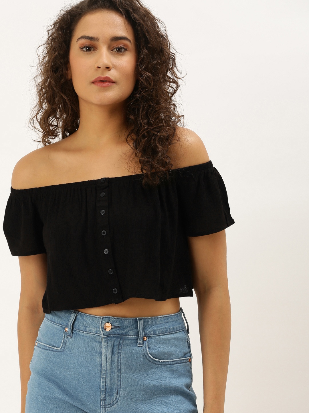 

FOREVER 21 Women Black Solid Bardot Top