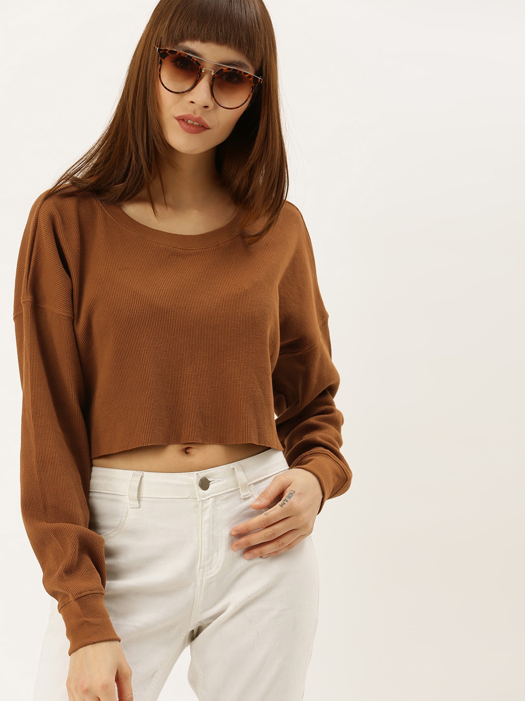 

FOREVER 21 Women Brown Self Design Ribbed Crop Top