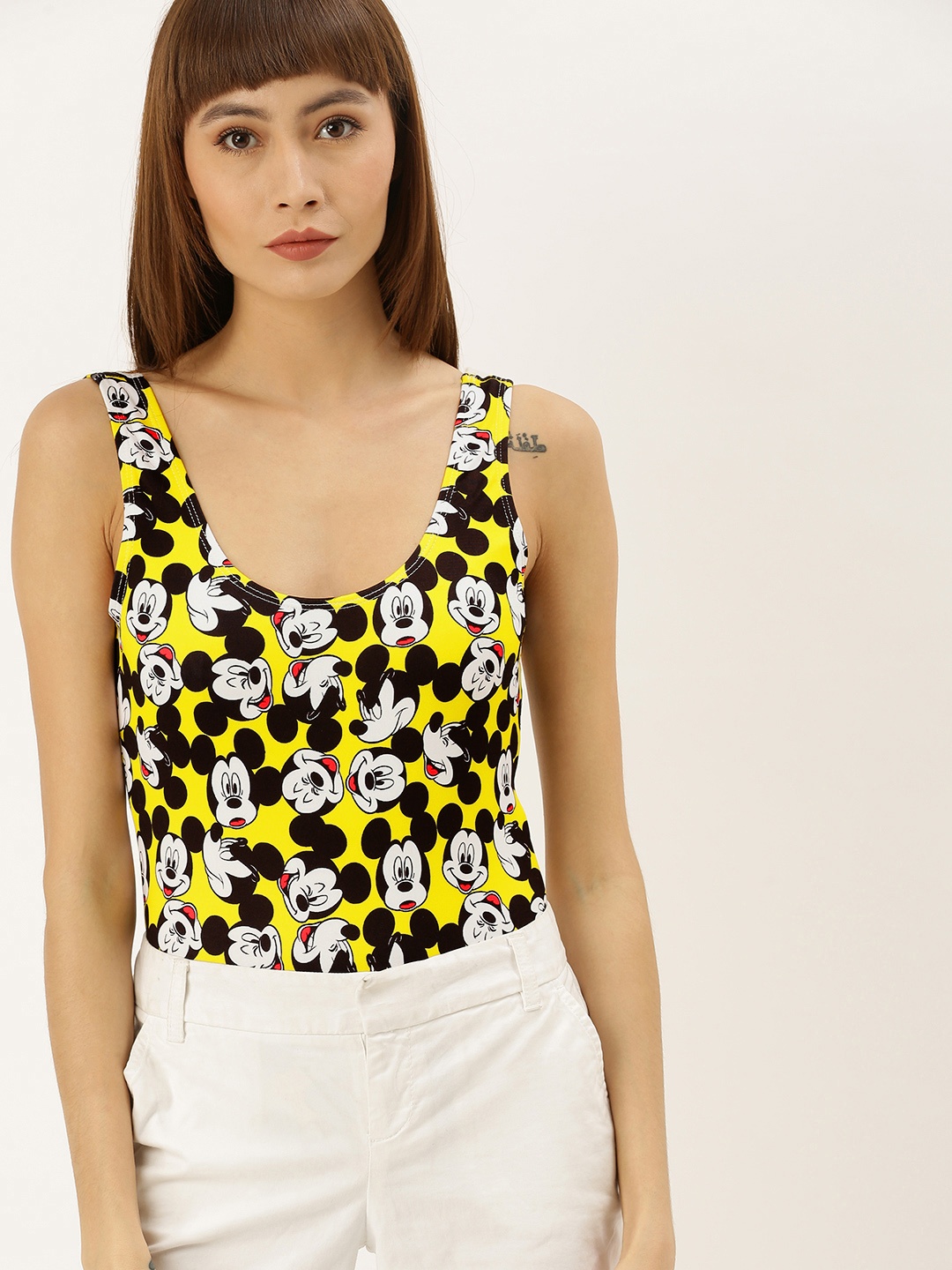 

FOREVER 21 Mickey Mouse Women Yellow & Black Printed Bodysuit