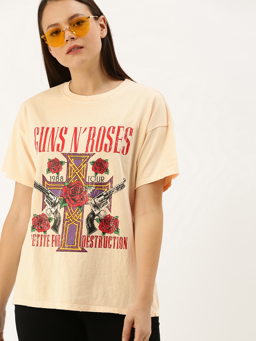 

FOREVER 21 Women Yellow Printed Round Neck Pure Cotton T-shirt