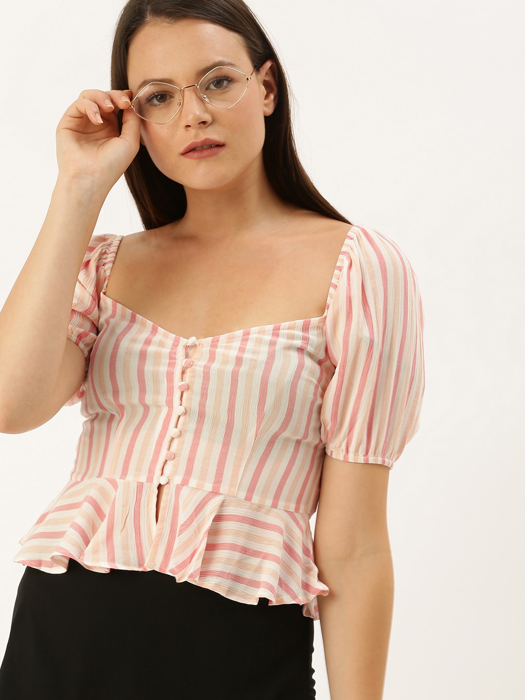 

FOREVER 21 Women Off-White & Pink Striped Cropped Peplum Top