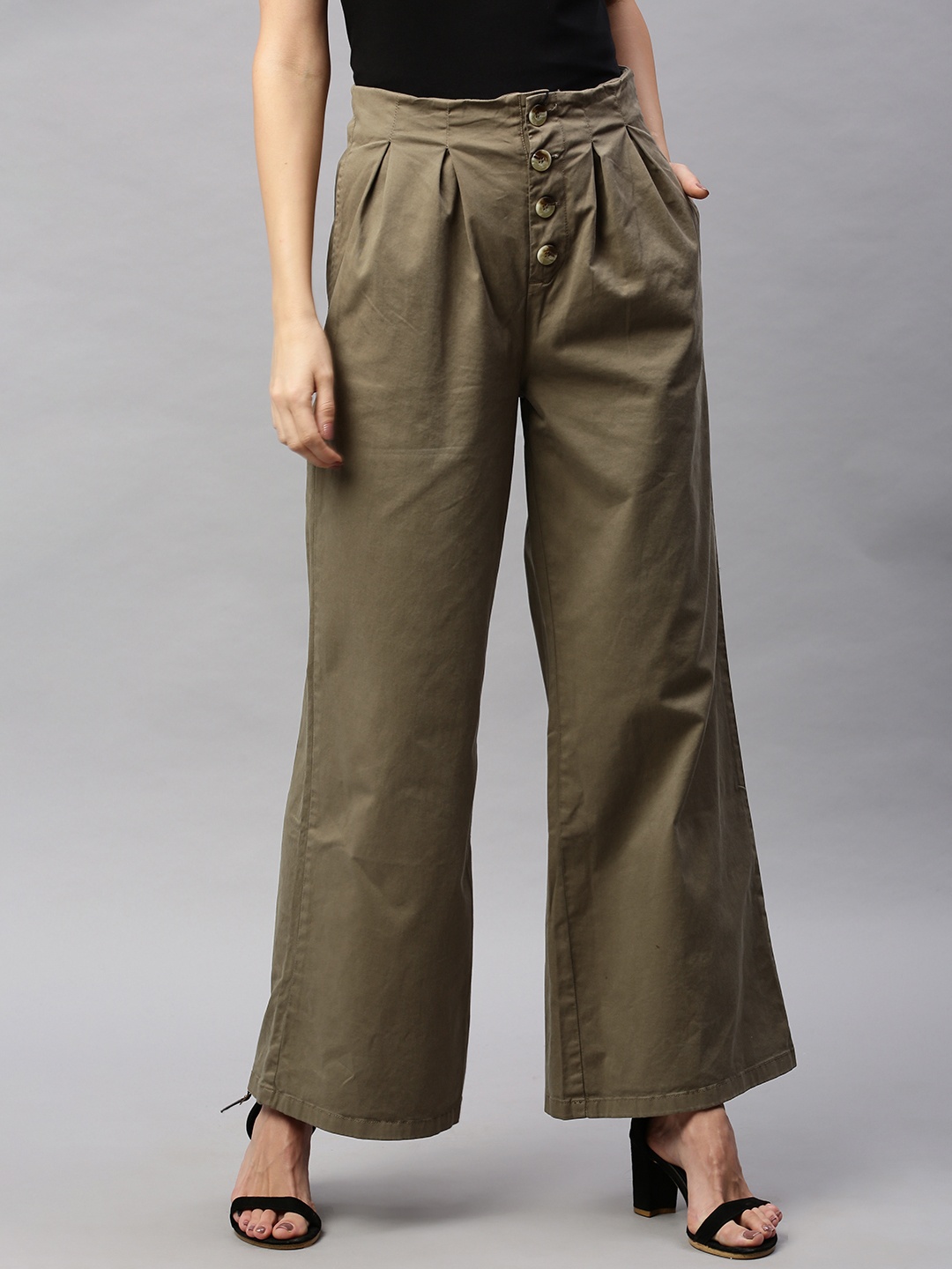 

HERE&NOW Women Olive Brown Regular Fit Solid Pleated Parallel Trousers