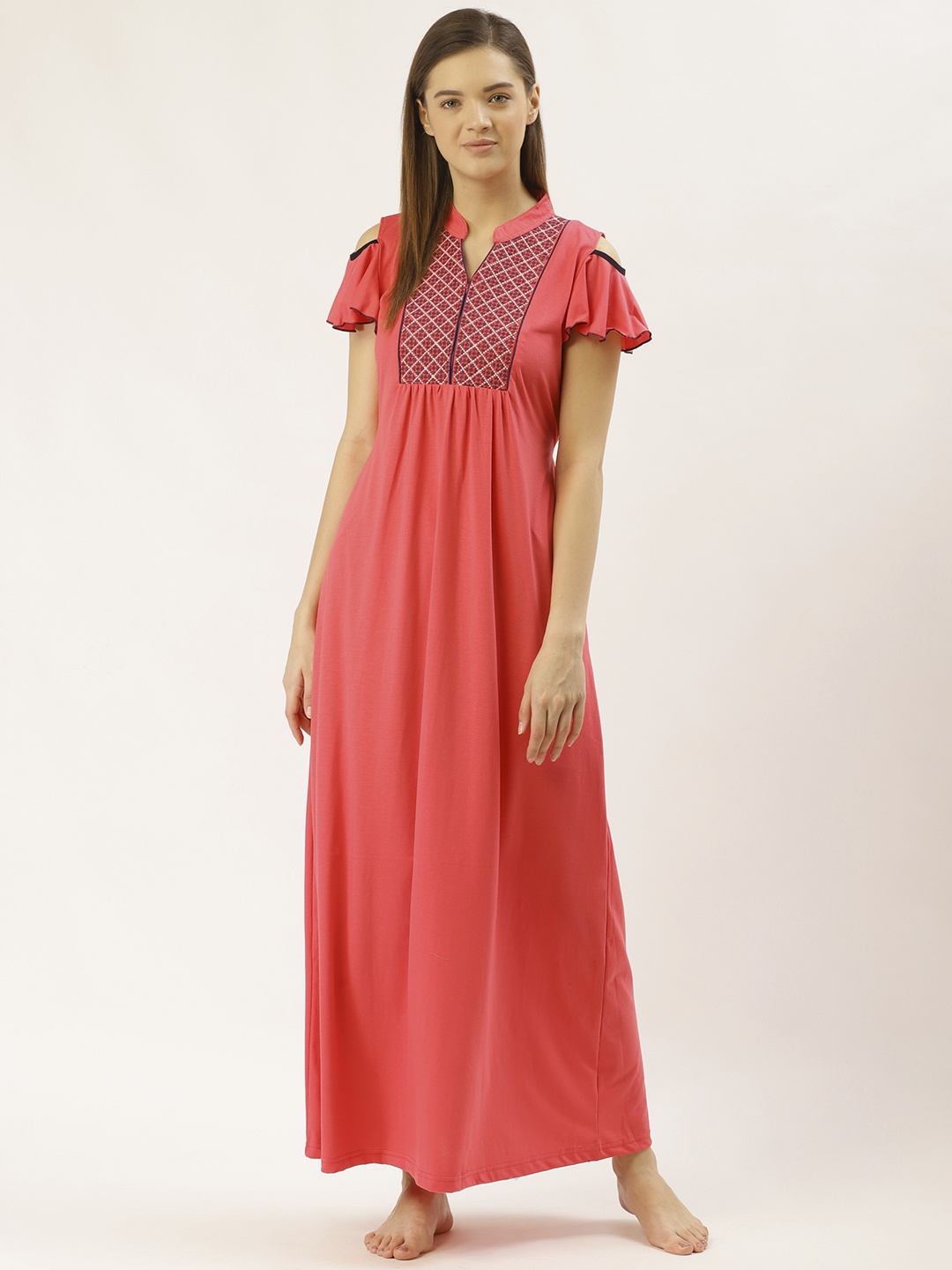 

Sweet Dreams Coral Red & Blue Solid Maxi Nightdress