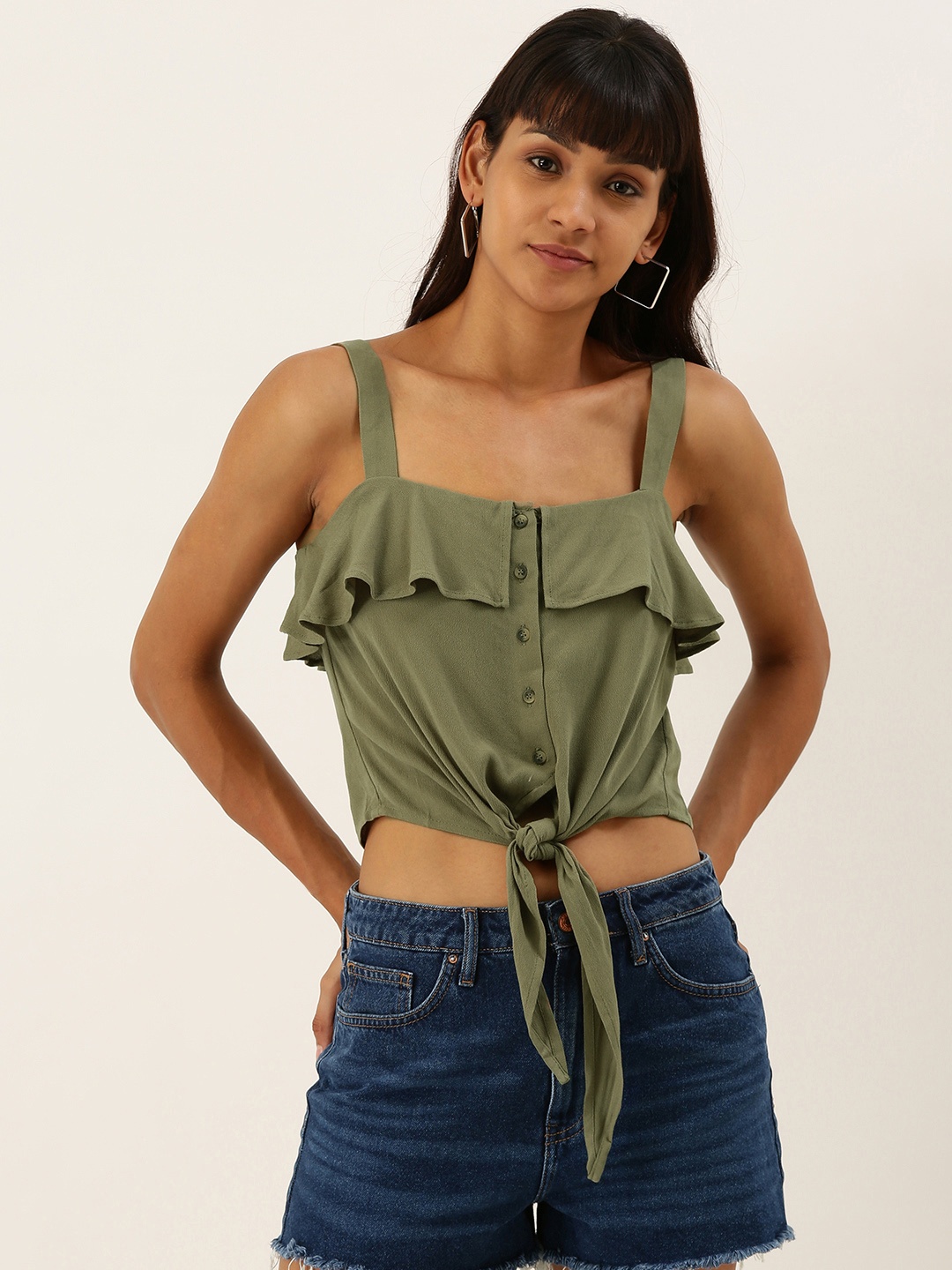 

FOREVER 21 Women Olive Green Solid Crop Top WIth Tie-Up Detail