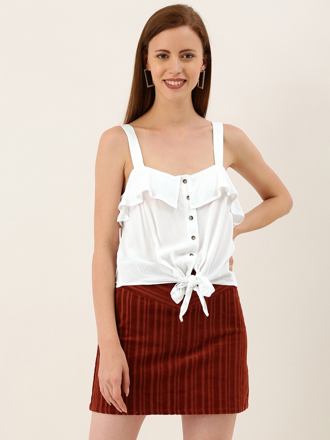 

FOREVER 21 Women White Solid Top with Front-Knot