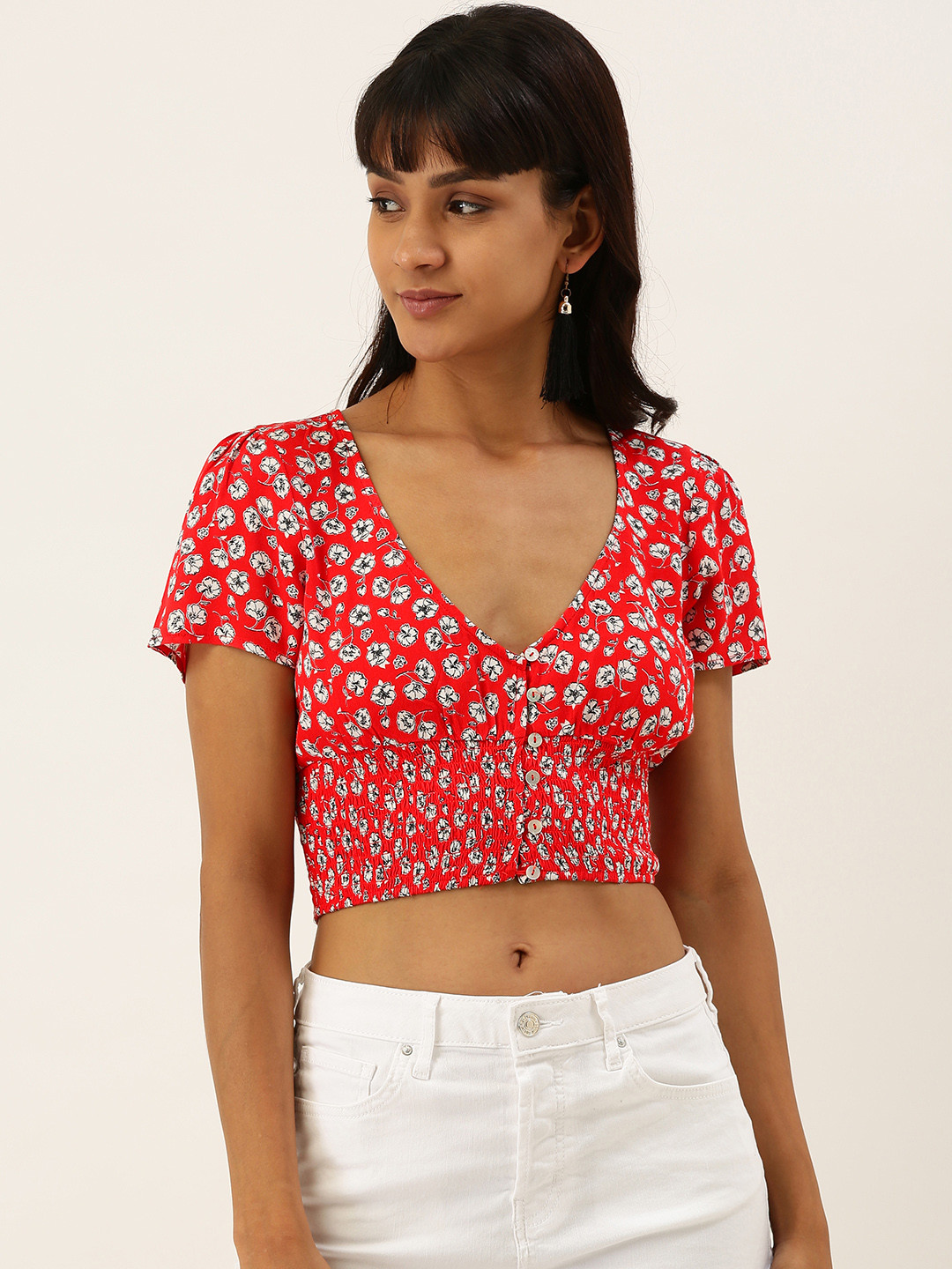 

FOREVER 21 Women Red & White Printed Crop Top