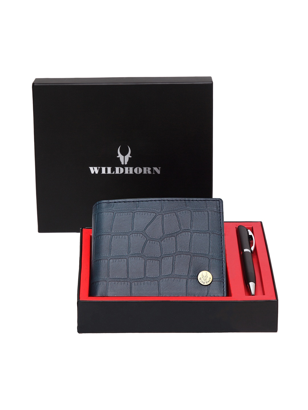 

WildHorn Men Blue & Black RFID Protected Genuine Leather Wallet & Pen Accessory Gift Set