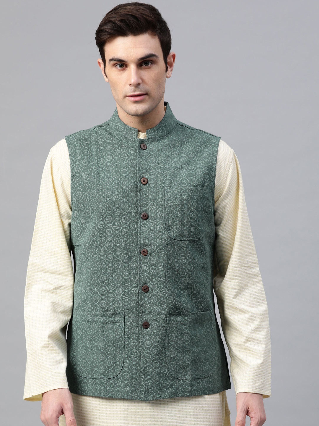 

Fabindia Men Green Printed Bhagalpuri Pure Cotton Nehru Jacket