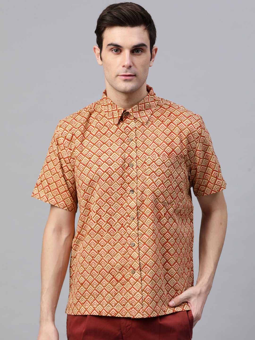 

Fabindia Men Beige & Rust Red Dobby Weave Printed Casual Bush Shirt