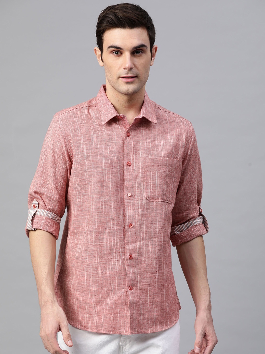 

Fabindia Men Pink & Off-White Self Design Slim Fit Casual Shirt