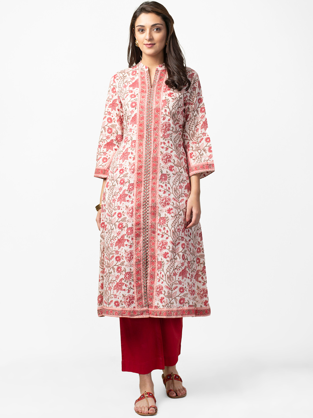 

Fabindia Women Peach-Coloured & Pink Slim Fit Handblock Printed A-Line Kurta