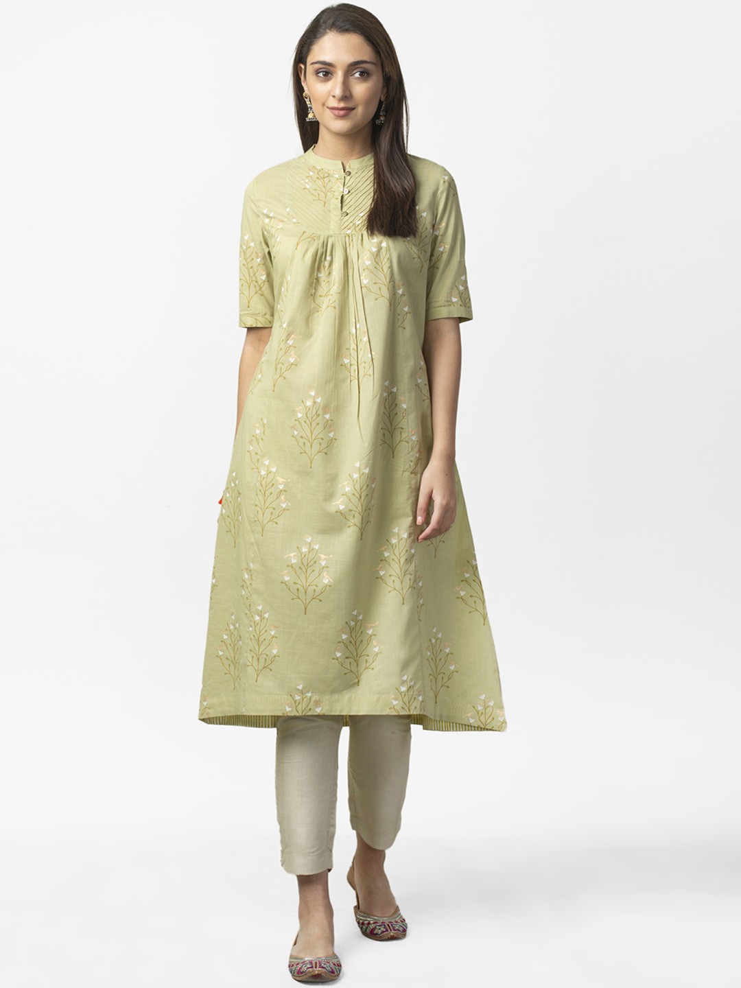 

Fabindia Women Green & White Slim Fit Printed A-Line Kurta