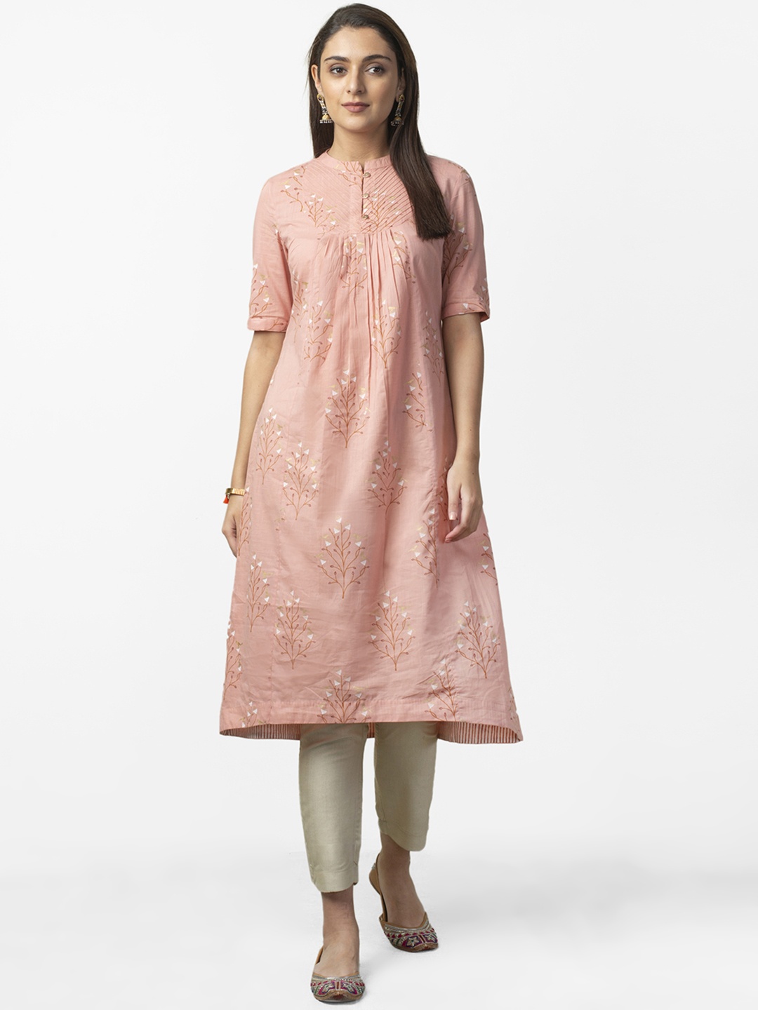 

Fabindia Women Pink & White Slim Fit Printed A-Line Kurta