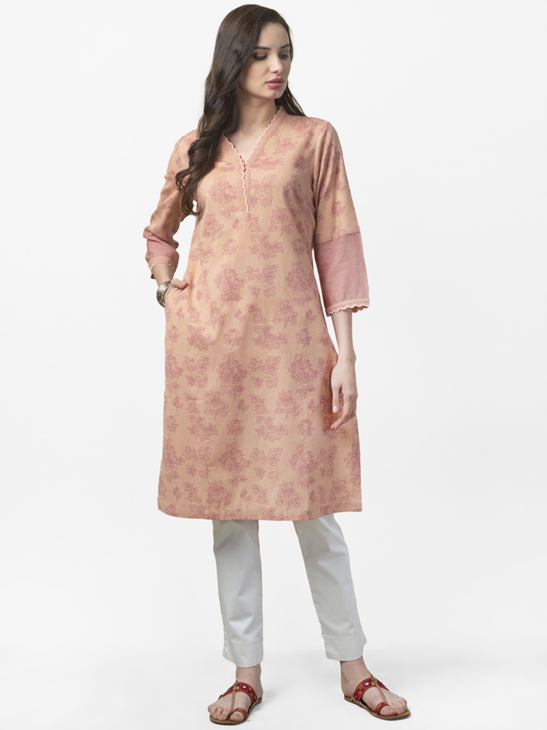 

Fabindia Women Peach-Coloured & Pink Handblock Printed Straight Kurta