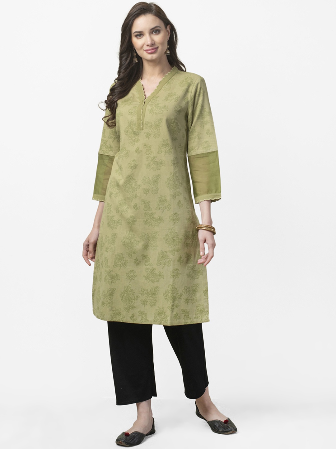 

Fabindia Women Green Handblock Printed Straight Kurta